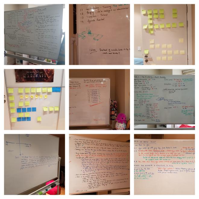 Collage of nine photos of my whiteboard covered in various scribblings and my door covered in post-its.